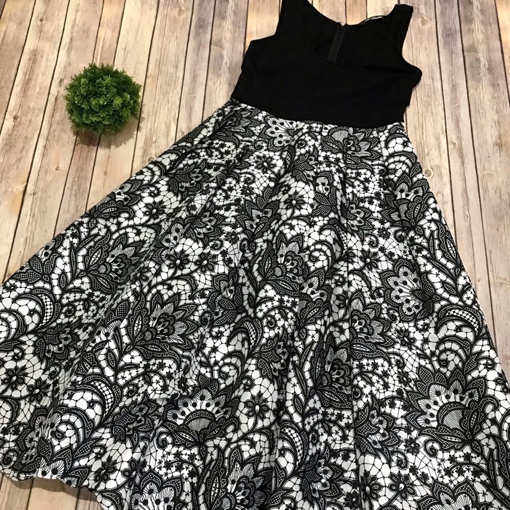 eShakti Black White Floral Fit Flare Formal Midi Party Dress Gown Size Small